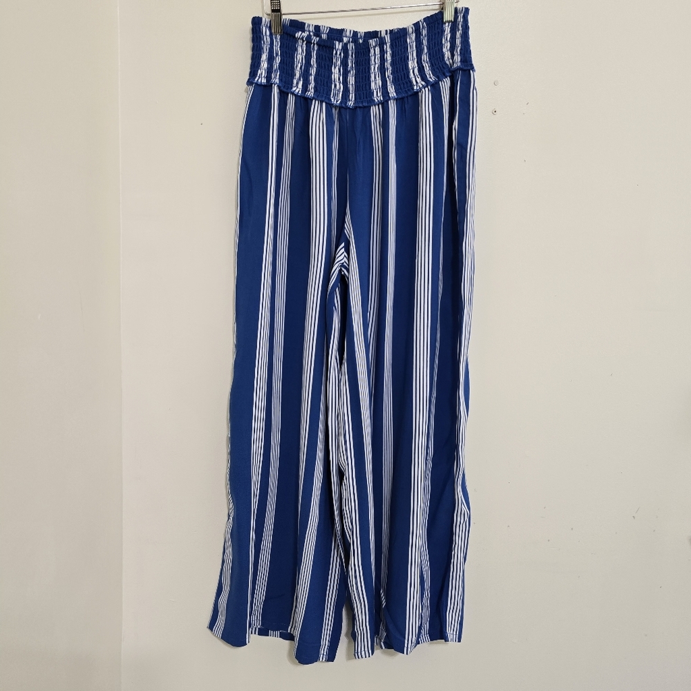 KENDALL + KYLIE size Large‎ Striped Elastic Waist Wide Leg Rayon Pants Blue